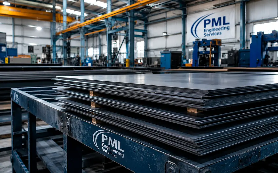 Industrial steel fabrication materials in a workshop environment