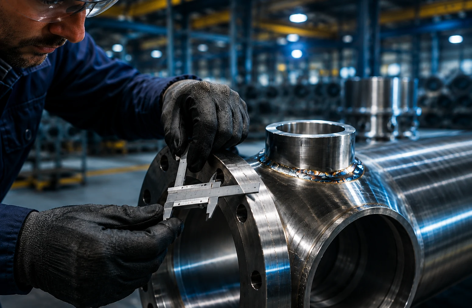 Precision stainless steel pipework fabrication with a flange weld in an industrial workshop